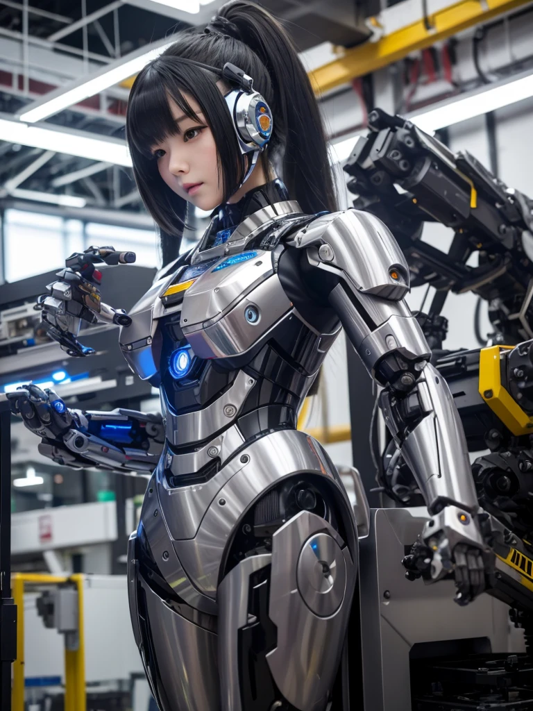 masterpiece, Highest quality, Very detailed, Japaese アンDroid girl,Portraiture,Plump,Thick,Control panel,アンDroid,Droid,Mechanical Hand, robotの腕と脚, Black Hair,Blunt bangs,perfect robot girl,Long tube,A thick cable was attached to her neck.,アンDroid,robot,humanoid,cyborg,japanese cyborg girl ,robot-assembly plant,She is now assembling,Assembly scene,Chubby,