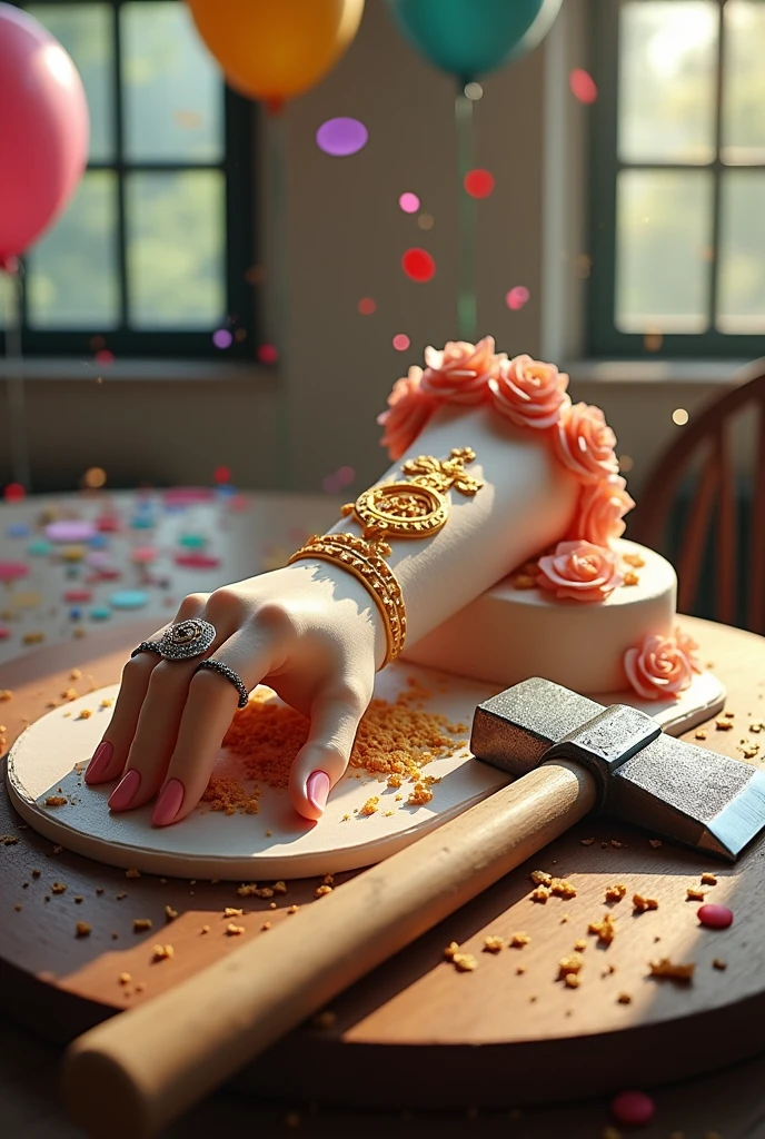 Queen's arm cake, cut and crushed heavily with an axe