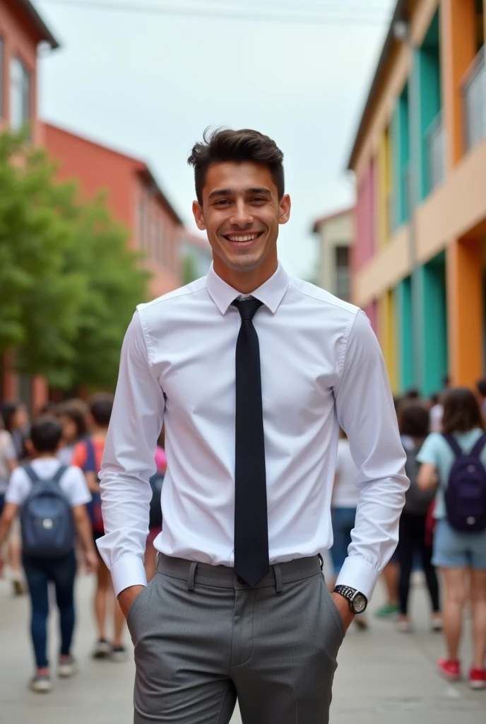 American teenage male student wearing white long sleeve shirt, hands in pockets, black tie, Gray pants, and black strap, standing in a schoolyard in hd, with a big smile in the foreground