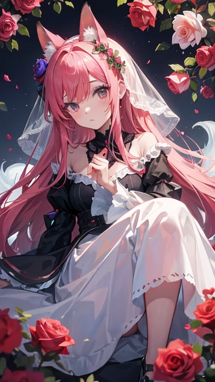 Une femme adulte aux longs cheveux roses avec des oreilles de renard et 9 queues de renard. Robe hawaïenne rose courte collant rose / violet.