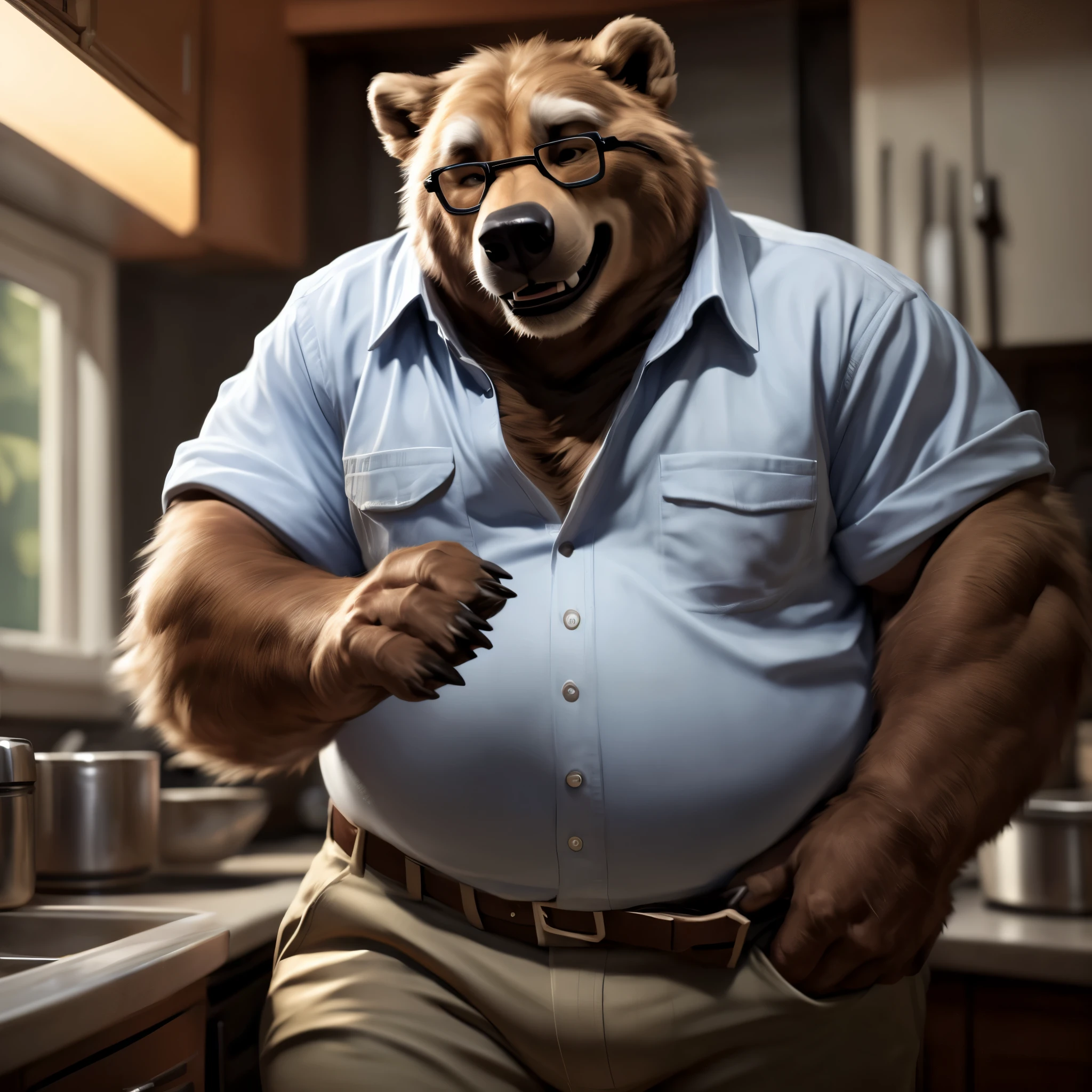 Grizzly Bear, Male, Solo, blue button up, tight khaki trousers, thick thighs, warm smile, bright sunlight, tight bulge, claws, fur, wearing eye glasses, kitchen background, wide hips, hands on hips, looking at viewer, fat, chubby, tired eyes, grandpa, grey muzzle, grey eyebrows, (Photorealistic, Realistic shadows, depth of field, Wide Dynamic Field, Full Body Shot), (by null-ghost, by Chunie, by darkgem)