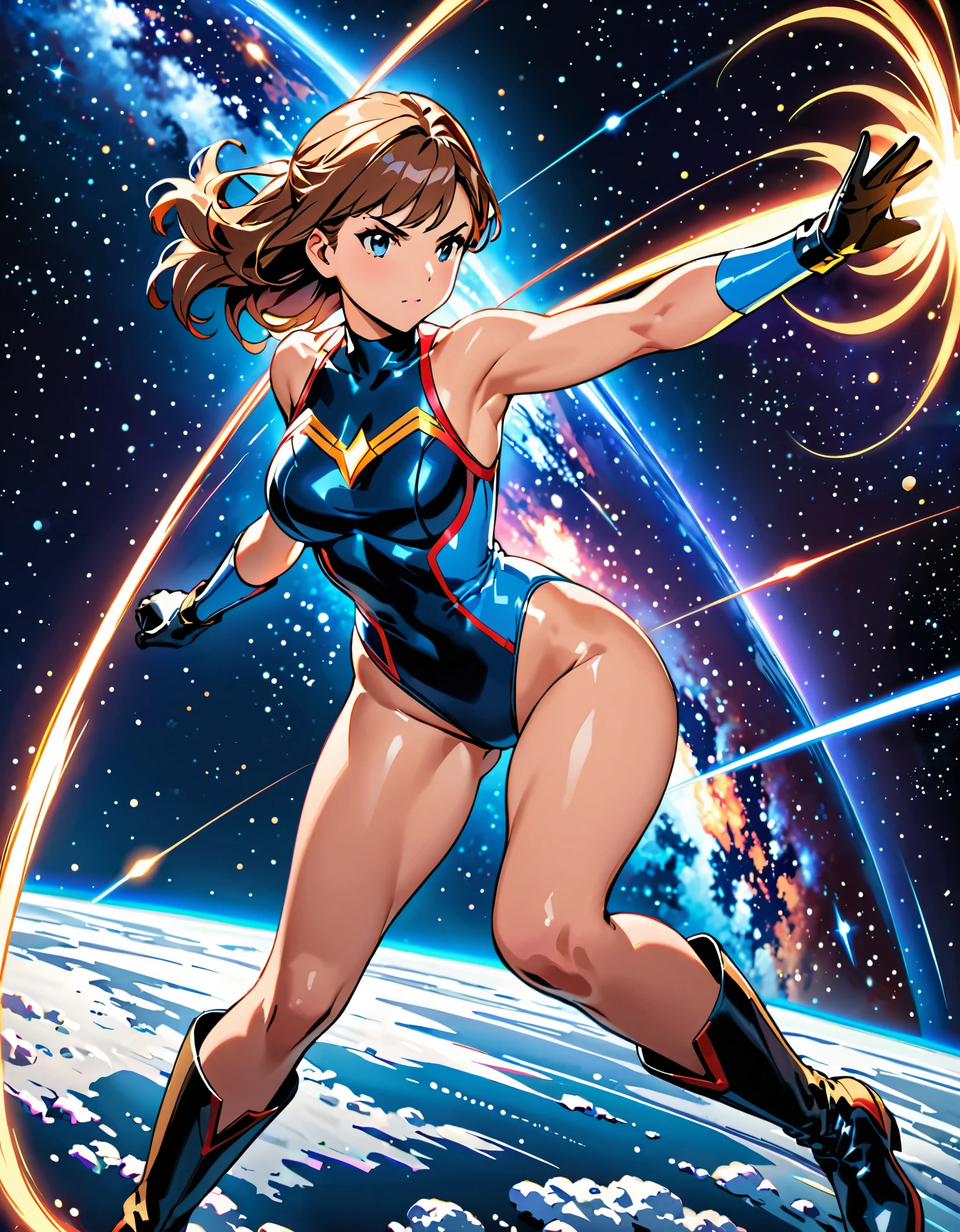 (best quality), (masterpiece), (highres), 1girl, solo, solo focus, leotard, bare legs, standing, heroic pose, boots, gloves, space background, cinematic lighting, fast spin