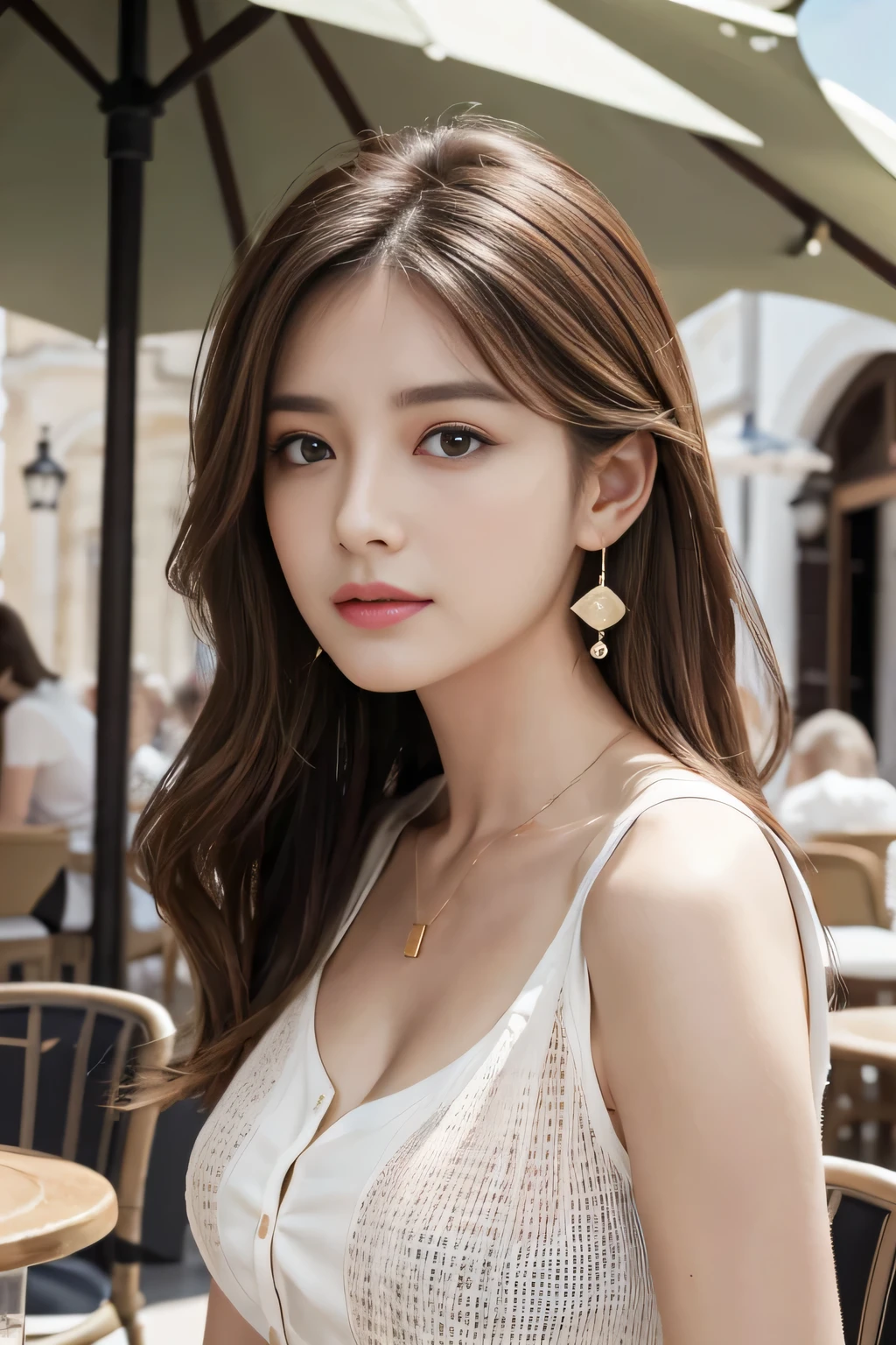 masterpiece, Highest quality, Realistic, Very detailed, Finer details, High resolution, 8k wallpaper, One beautiful woman,Wear a nice blouse, On the terrace of a lovely cafe, at noon, Light brown messy hair, Perfect dynamic composition, Beautiful and beautiful eyes、Big earrings、Sleeveless shirt、Hair blowing in the wind、