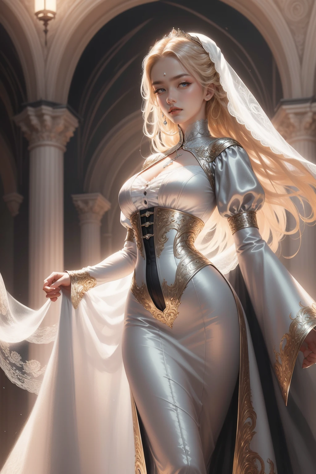 (Masterpiece - Ultra-detailed, very high resolution) Prepare to be enchanted by a true masterpiece that combines ultra-detailed art with high-resolution rendering. This work depicts a mesmerizing woman with very long blond hair (1.3) and captivating gray eyes (1.2), emanating an aura of elegance and mystery in Victorian settings. The intricate details and realistic textures invite you to explore every aspect of this enchanting composition. Woman wearing beautiful classic Victorian costume from the year 1878. Red lipstick. Happy face. Smiling. white (white) dress. Walking, backwads, looking back, dynamic poses. Get ready to dive into a world where beauty and craftsmanship merge perfectly.