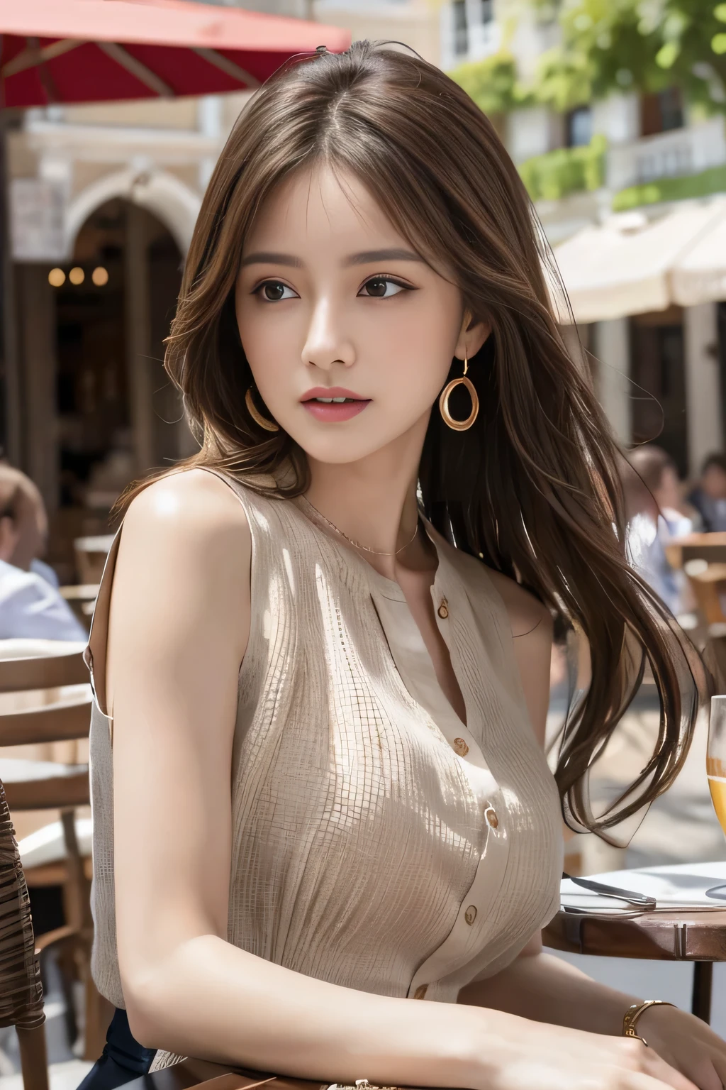 masterpiece, Highest quality, Realistic, Very detailed, Finer details, High resolution, 8k wallpaper, One beautiful woman,Wear a nice blouse, On the terrace of a lovely cafe, at noon, Light brown messy hair, Perfect dynamic composition, Beautiful and beautiful eyes、Big earrings、Sleeveless shirt、Hair blowing in the wind、