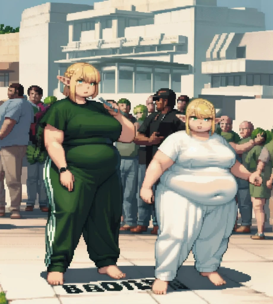 high quality, Pixel, 32 Bits, 1 solo girl, detailed eyes, obese erufuda, short hair, pointy ears, blonde hair, (green eyes:1.5), white t-shirt, green pants, barefoot, braid, big butt, extra big breasts, thick thighs, ((Perfect body)), angry, sunday, 4K