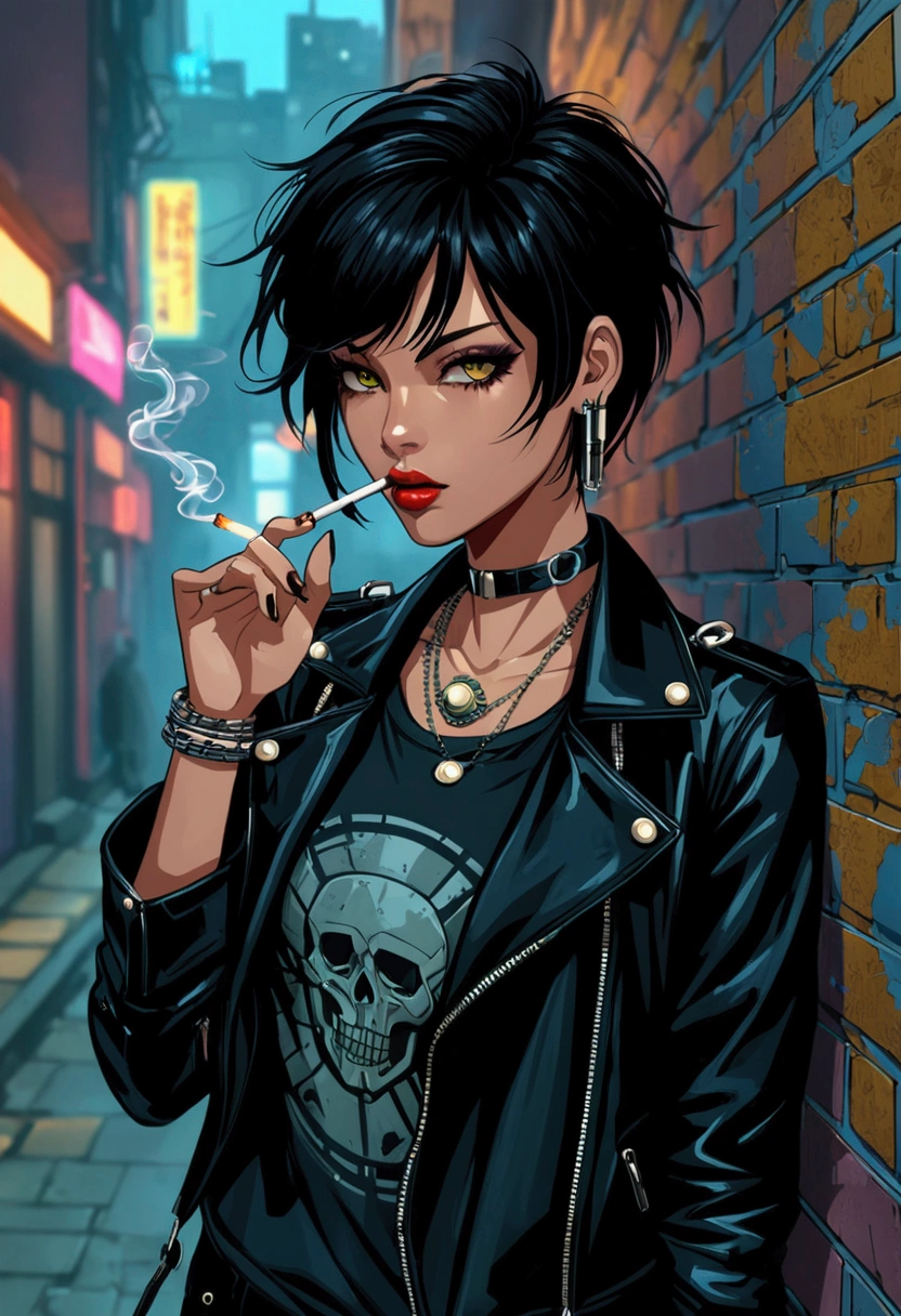 A cute blonde anime girl smoking a cigarette on a street with a skull on the wall, stylized urban fantasy artwork, jet black haired cyberpunk girl, cyberpunk art style, the cyberpunk girl portrait, urban girl fanart, female cyberpunk anime girl, cyberpunk girl, 4K anime style, cyberpunk anime girl, gothic girl smoking, cyberpunk beautiful girl, in digital illustration style