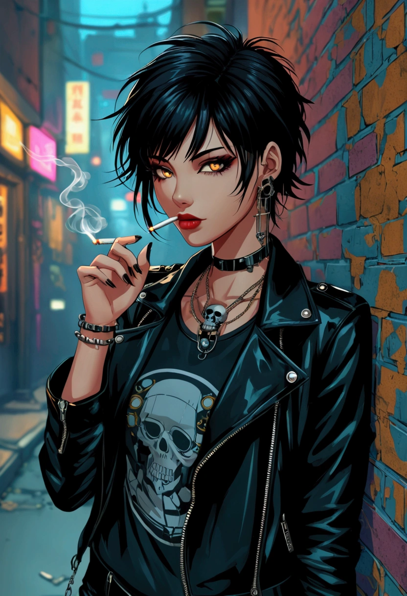 A cute blonde anime girl smoking a cigarette on a street with a skull on the wall, stylized urban fantasy artwork, jet black haired cyberpunk girl, cyberpunk art style, the cyberpunk girl portrait, urban girl fanart, female cyberpunk anime girl, cyberpunk girl, 4K anime style, cyberpunk anime girl, gothic girl smoking, cyberpunk beautiful girl, in digital illustration style