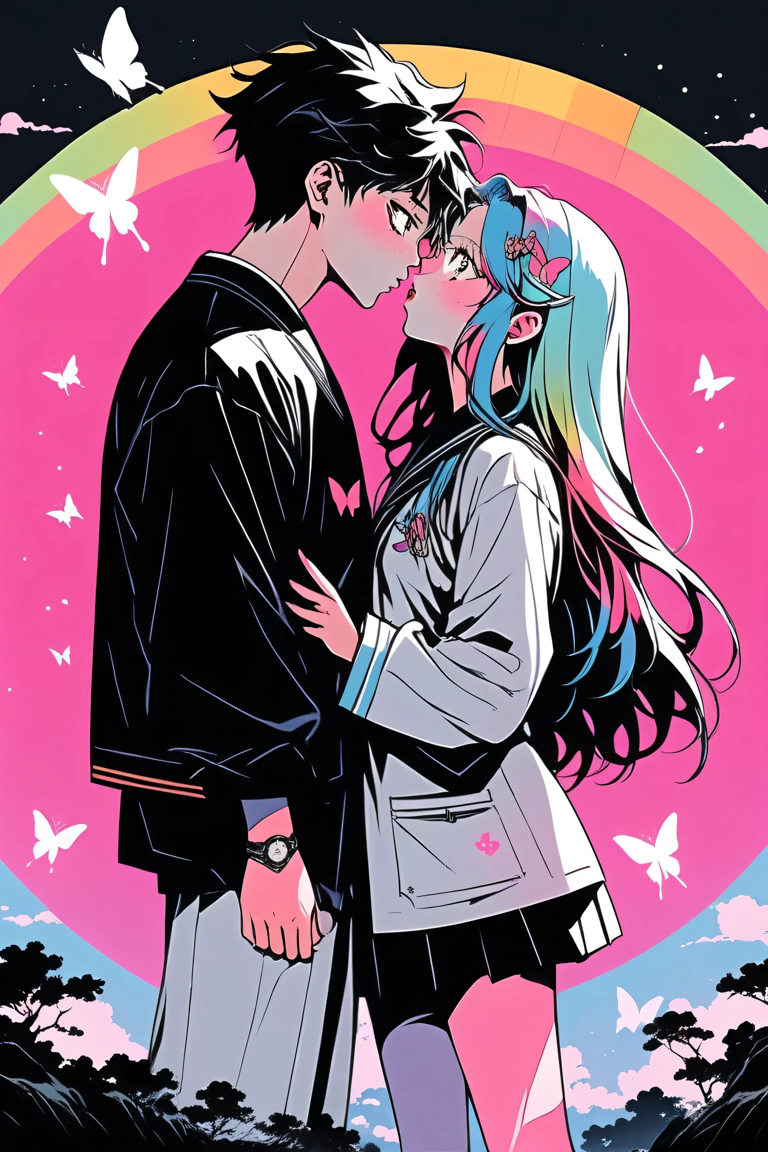 (Highest quality, sketch:1.2),Realistic,Illustrator,anime,1 , Detailed lips,school uniform,White butterfly haori、Rainbow custom underneath,Pink gradient background,Neon Hair,Texture Cropping,masterpiece, Style: Retro Classic, Dark Black、Under the Moon、Two people who look like they're about to kiss、Two people gazing into each other's eyes