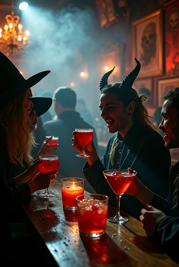 demons, witches, alcohol, cigarettes, Costumes, bar, Many people