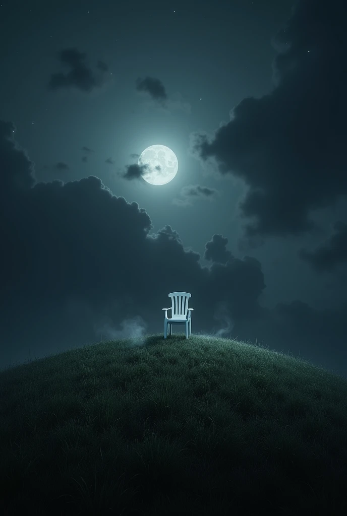 Create an image of a hill with flat grass at night with a white patio chair in the middle and very ominous.