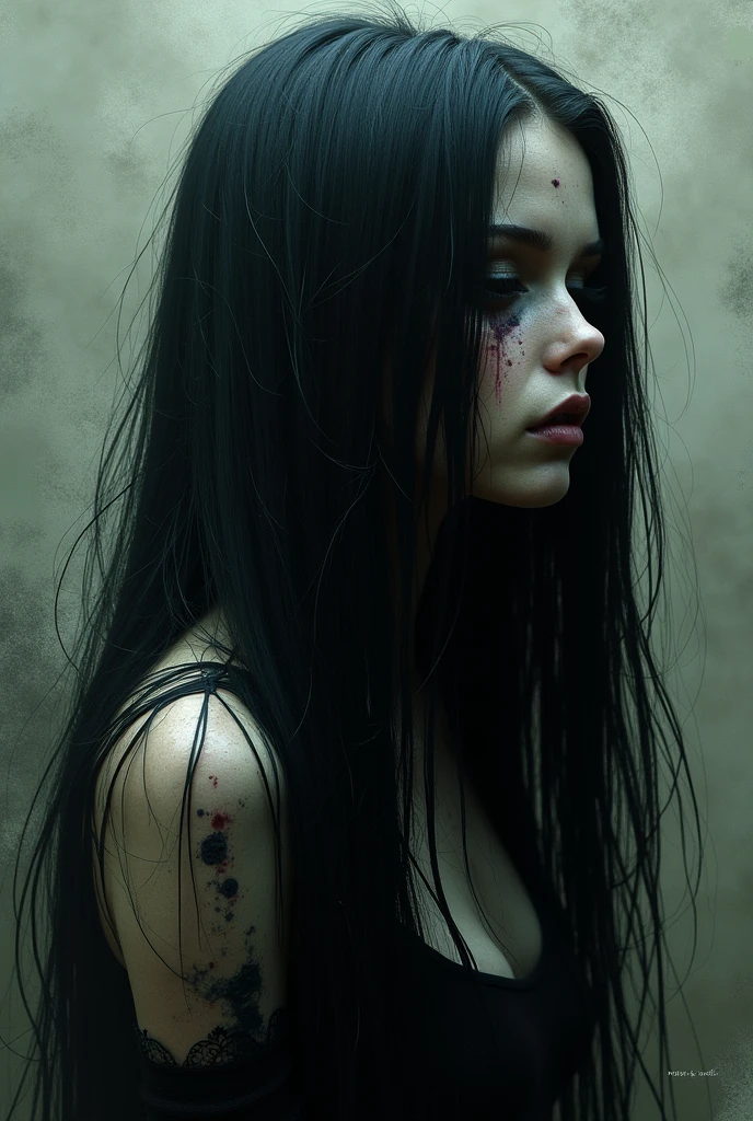 Generate a chaotic, expressionistic portrait using dark hues. zombie gothic girl with long straight black hair, ray tracing, jpeg artifacts, multiple views, UHD, masterpiece, accurate, textured skin, high details, award winning, highres, 16k, best quality