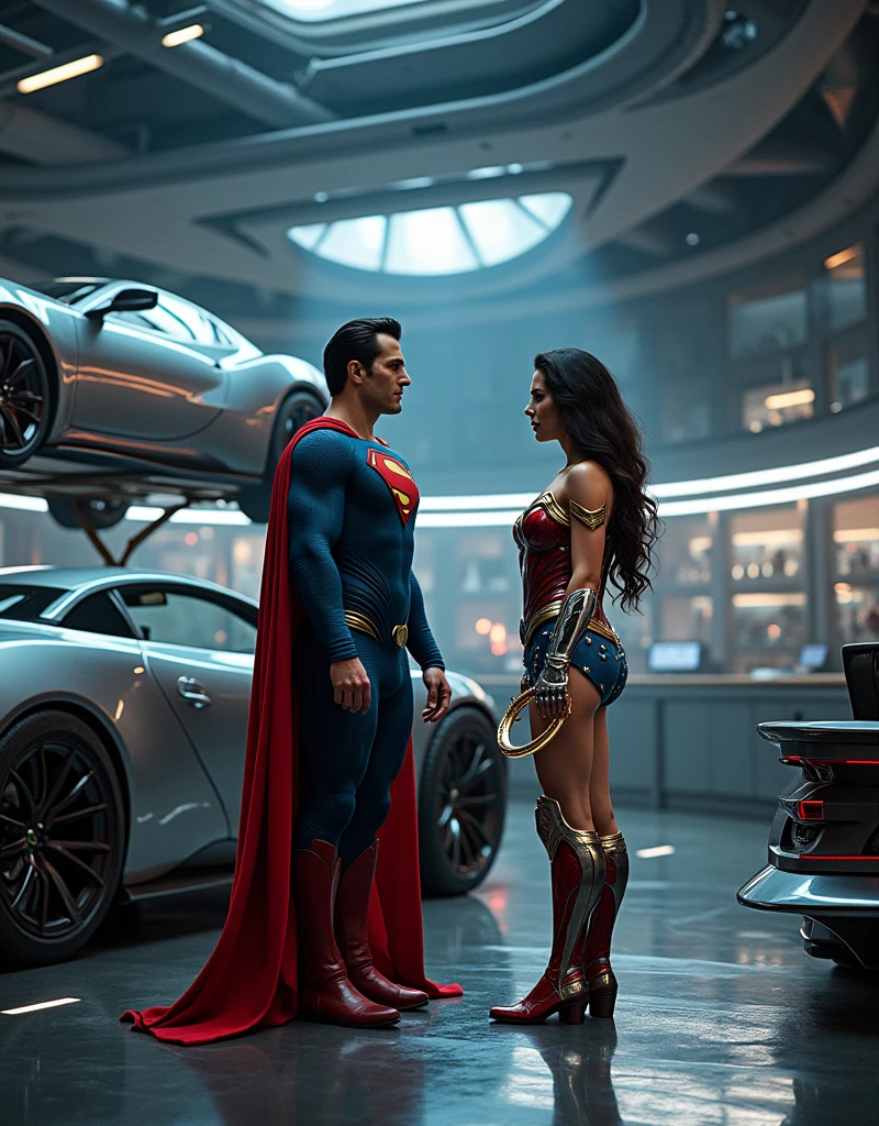 An image of Superman and Wonder Woman in a futuristic car workshop, cinematographic lights