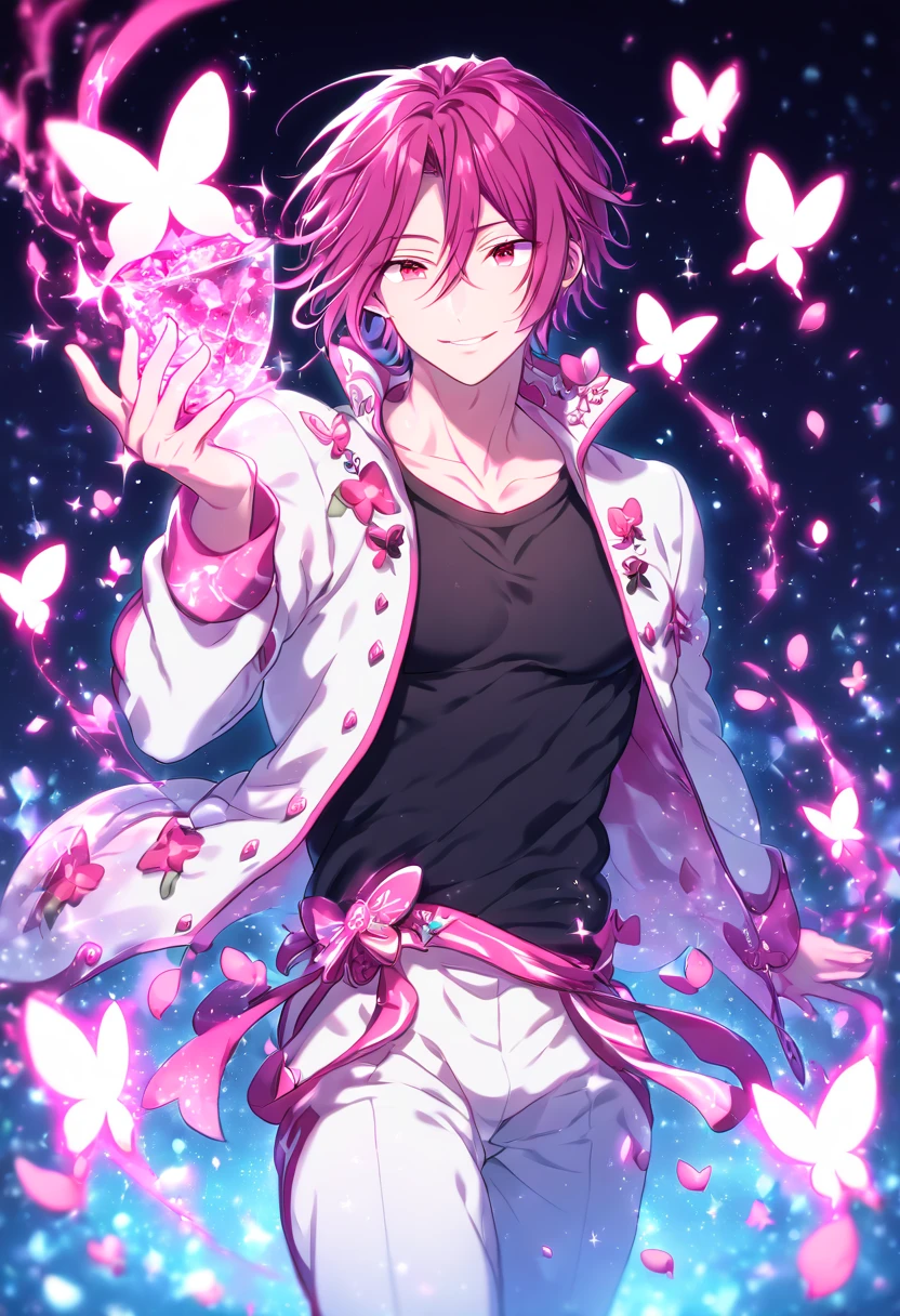 absurdres, highres, ultra detailed, HDR, master piece, Matsuoka Rin, Maroon hair, expressive red eyes, Free!, white jacket, black shirt, white pants, fantasy, glittering pink butterflies, petals, magical, handsome, sexy man, solo, very detailed eyes and face, glittering, pink flowers, sensual, horny, crystal glass magic, pink shining fireflies, pink fire, manly man, handsome smile