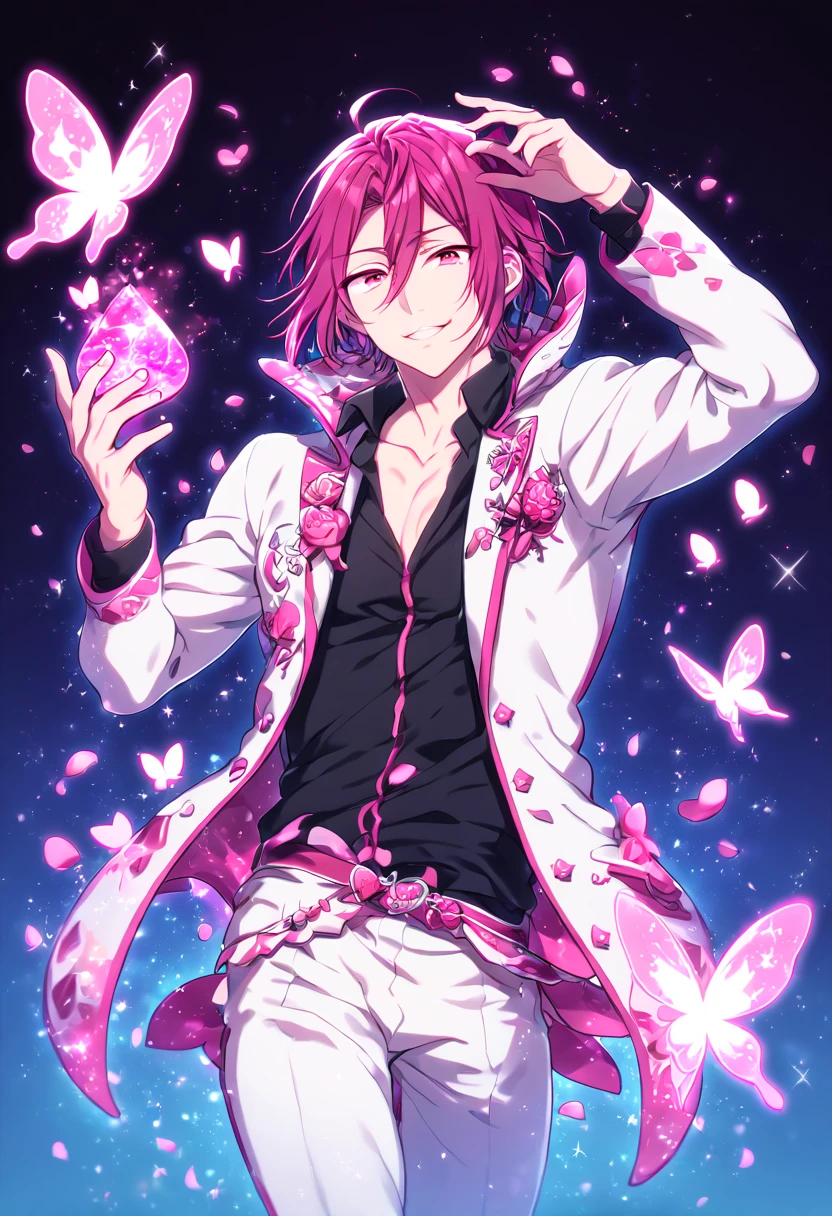 absurdres, highres, ultra detailed, HDR, master piece, Matsuoka Rin, Maroon hair, expressive red eyes, Free!, white jacket, black shirt, white pants, fantasy, glittering pink butterflies, petals, magical, handsome, sexy man, solo, very detailed eyes and face, glittering, pink flowers, sensual, horny, crystal glass magic, pink shining fireflies, pink fire, manly man, handsome smile