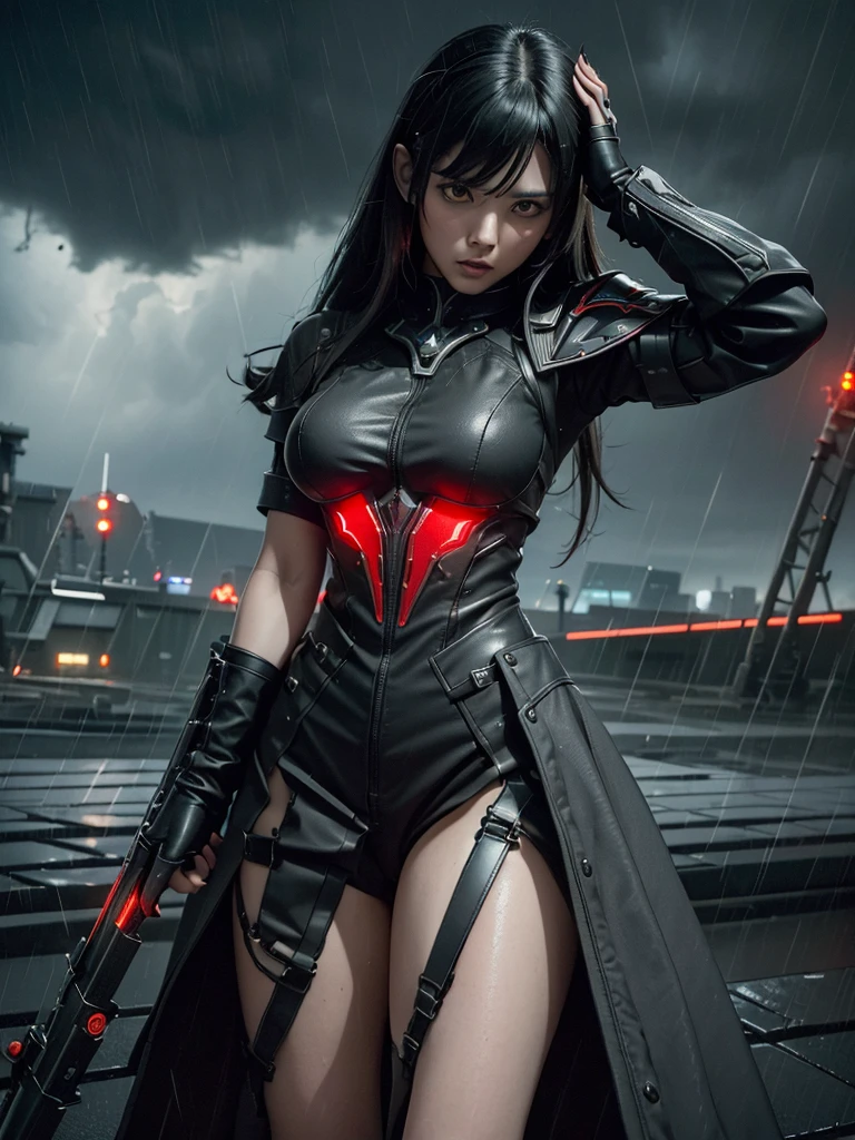 One of the Japan, Warframe, Complex Pattern, Heavy Metal, Energy Line, elegant, intense, Blood red and black uniform, alone, Modern, city, street, Dark Clouds, thunderstorm, heavy rain,, Dramatic lighting,, (masterpiece:1.2), Highest quality, High resolution, Beautiful details, Very detailed, Perfect lighting,