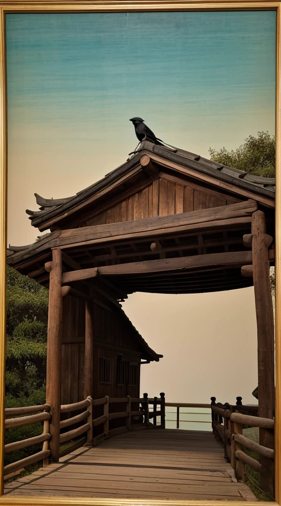 masterpiece, high quality, High resolution,8k, Chinese painting ,, 枯れたブドウのwood, old age ((wood)), evening ((Crow)) The sounds are free,, ((Small Bridge)), water flowing, (((Humble Dwelling))), (horse:1.6),, A cold wind blows from the west ((Ancient road)),, When the sun goes down, My heart aches with lonely rage,,