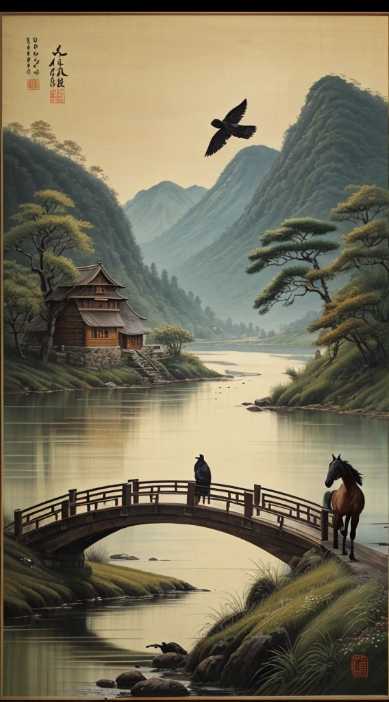 masterpiece, high quality, High resolution,8k, Chinese painting ,, 枯れたブドウのwood, old age ((wood)), evening ((Crow)) The sounds are free,, ((Small Bridge)), water flowing, (((Humble Dwelling))), (horse:1.6),, A cold wind blows from the west ((Ancient road)),, When the sun goes down, My heart aches with lonely rage,,