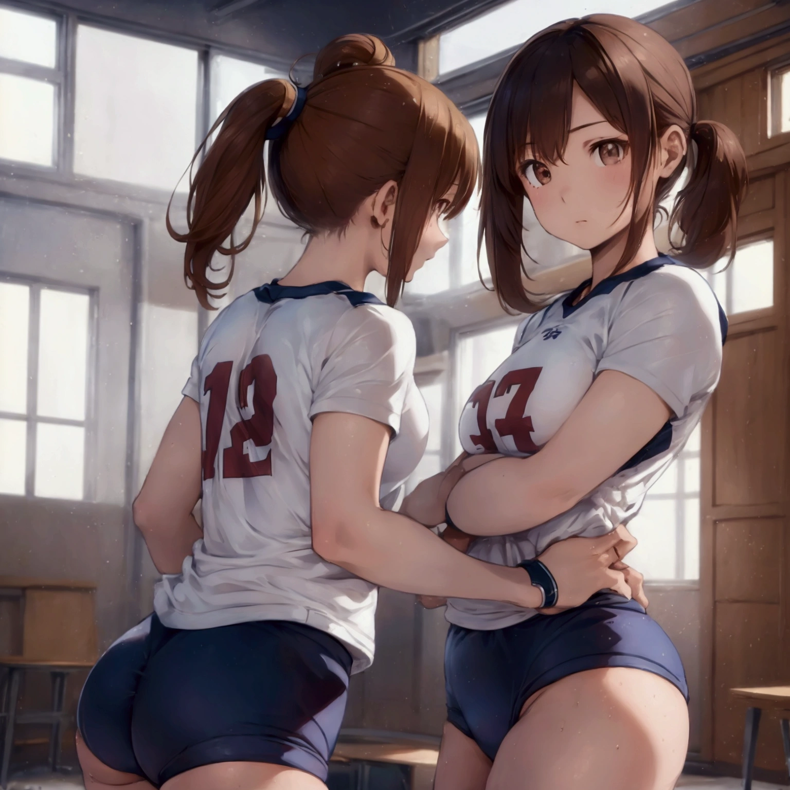 Only one female, /(Volleyball Uniforms/), Dynamic pose, /(Light brown hair/) bangs, (A look of determination, Turn your back), (Top quality masterpiece:1.2) Delicate illustrations with super detail, break /(Indoor volleyball court/)