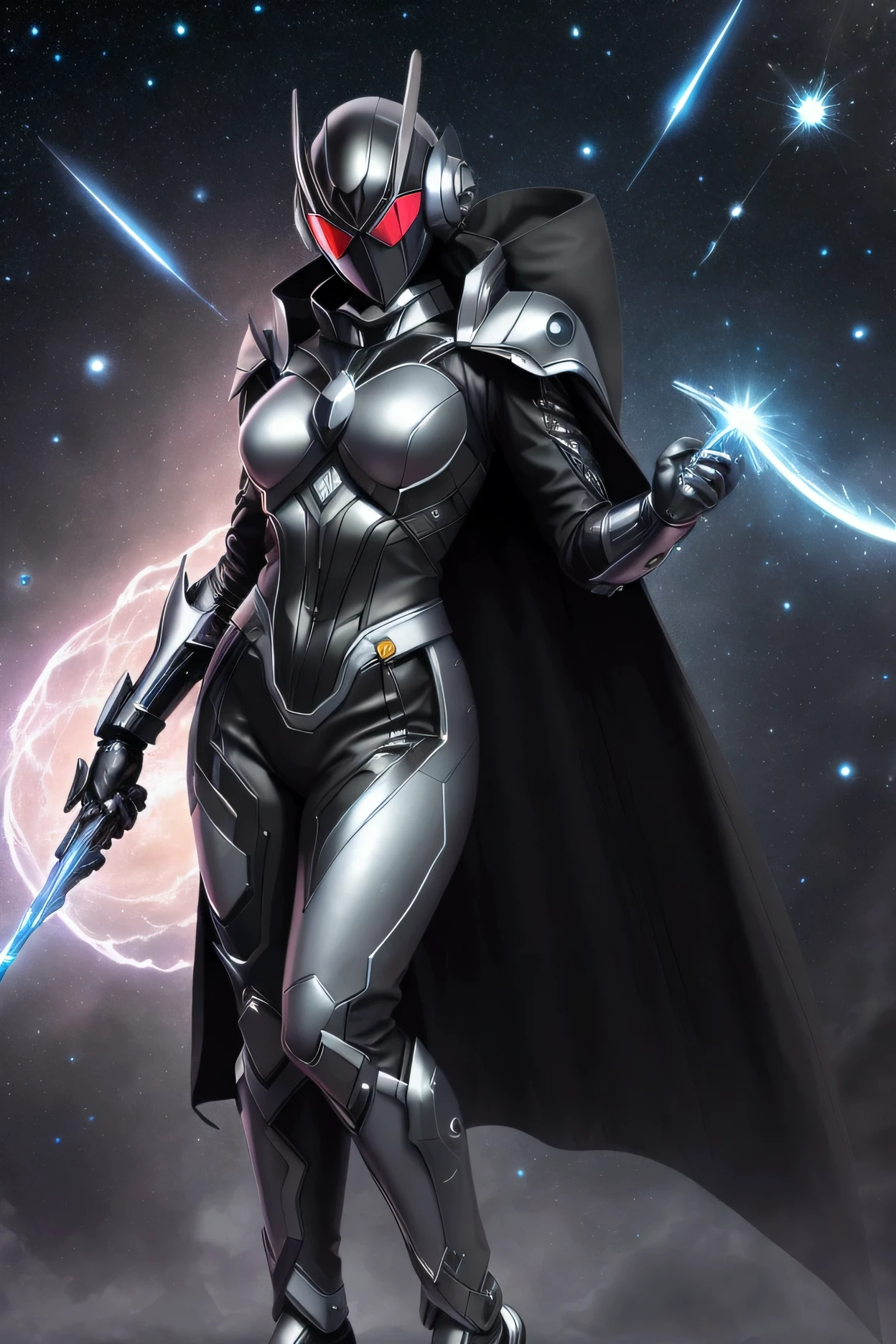 "A girl, Create an image of Kamen Rider Void. His suit is primarily black with silver details that reflect a cosmic aesthetic. The design should include a cloak and helmet with a visor that looks like a starry abyss, and armor that shines with cosmic flashes in shades of dark gray and silver. The suit should give a feeling of power and mystery, with symbols that suggest the influence of the void and the unspeakable, tight-fitting body of shimmering skin, feminine focus, battle pose ,one leg up, big breasts, ABS."