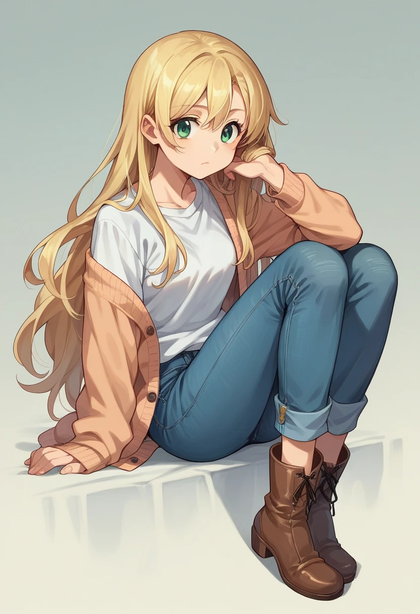 kirino kousaka, 1girl, solo, long hair, blonde hair, green eyes, japanese female, model, young woman, high-waisted blue denim pants, tucked in white t-shirt, ankle boots, light open cardigan blouse, fashionable