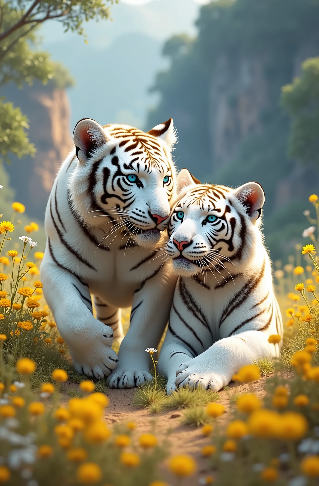 full lenght a full-body picture with two large, magnificent, beautiful white tigers with sea-blue eyes running and playing with each other. The atmosphere is dusty from the soil, amidst the beauty of a field of small, light yellow flowers, going with the wind. The corner of a steep cliff has small flowers growing all around, beautiful, with a shimmering, glowing light. Three-dimensional picture, oil painting, sharp picture, art of Professor Chalermchai.