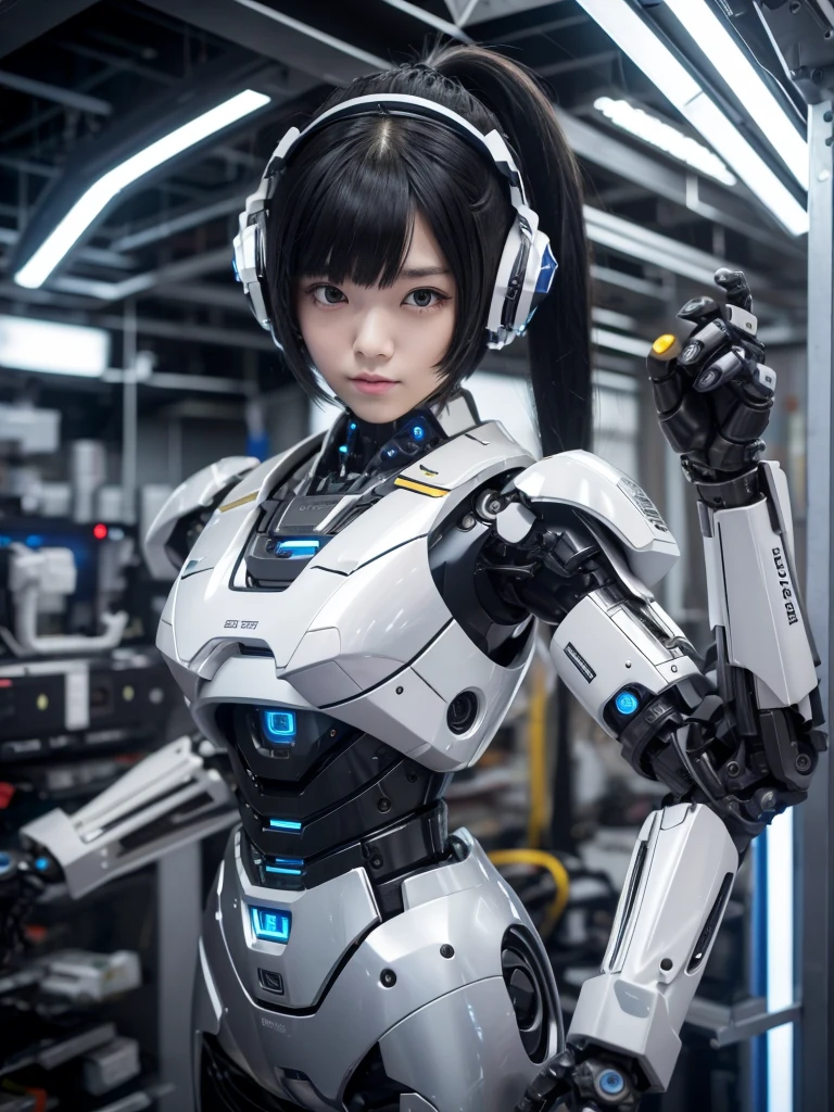 masterpiece, Highest quality, Very detailed, Japaese アンDroid girl,Portraiture,Plump,Thick,Control panel,アンDroid,Droid,Mechanical Hand, robotの腕と脚, Black Hair,Blunt bangs,perfect robot girl,Long tube,A thick cable was attached to her neck.,アンDroid,robot,humanoid,cyborg,japanese cyborg girl ,robot-assembly plant,She is now assembling,Assembly scene,Chubby,