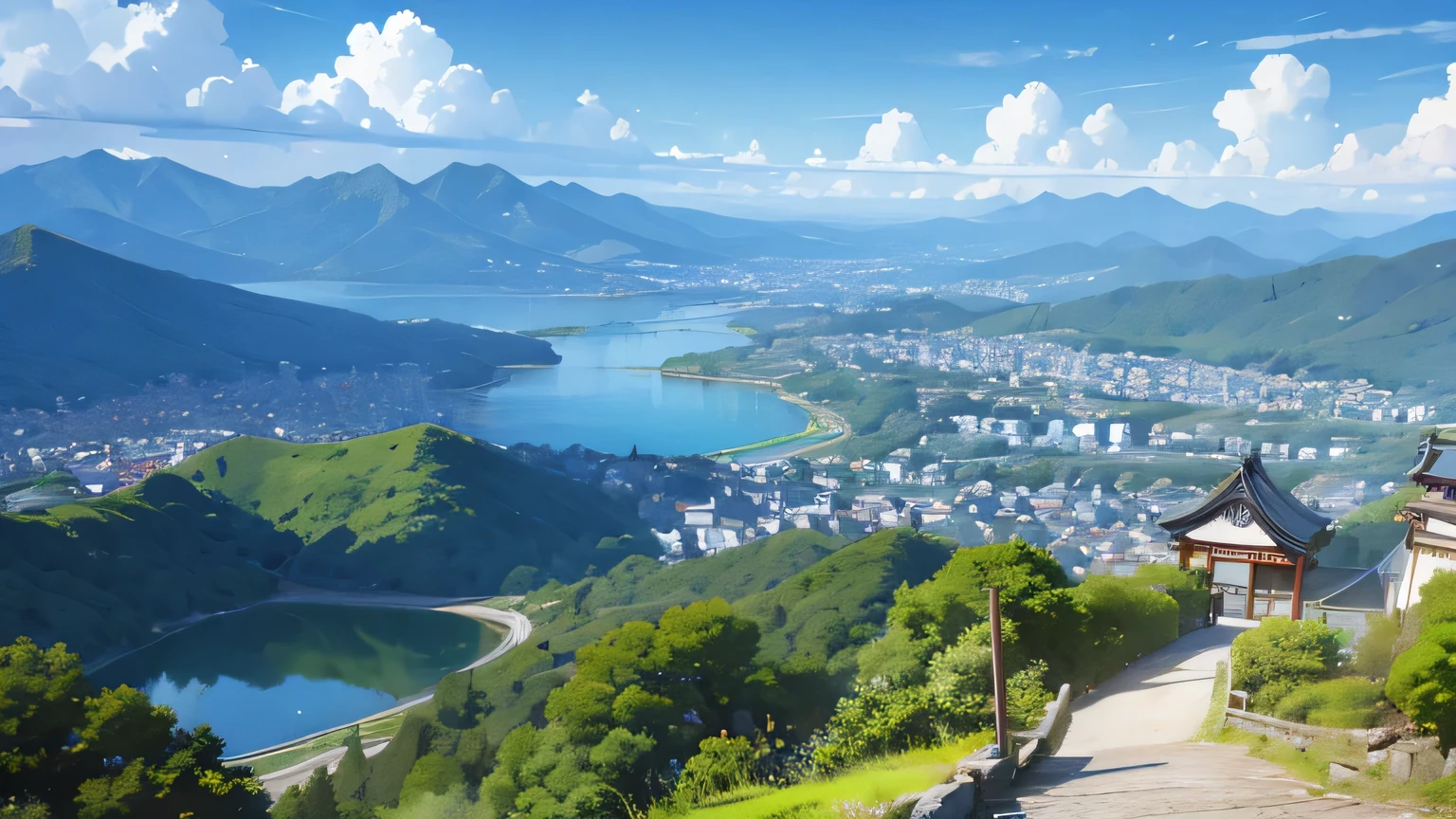 japan,nature,blue sky,lake,street,town