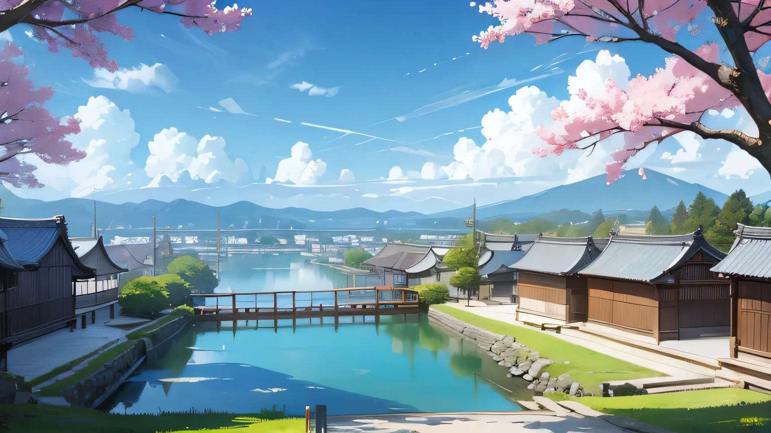 japan,nature,blue sky,lake,street,town
