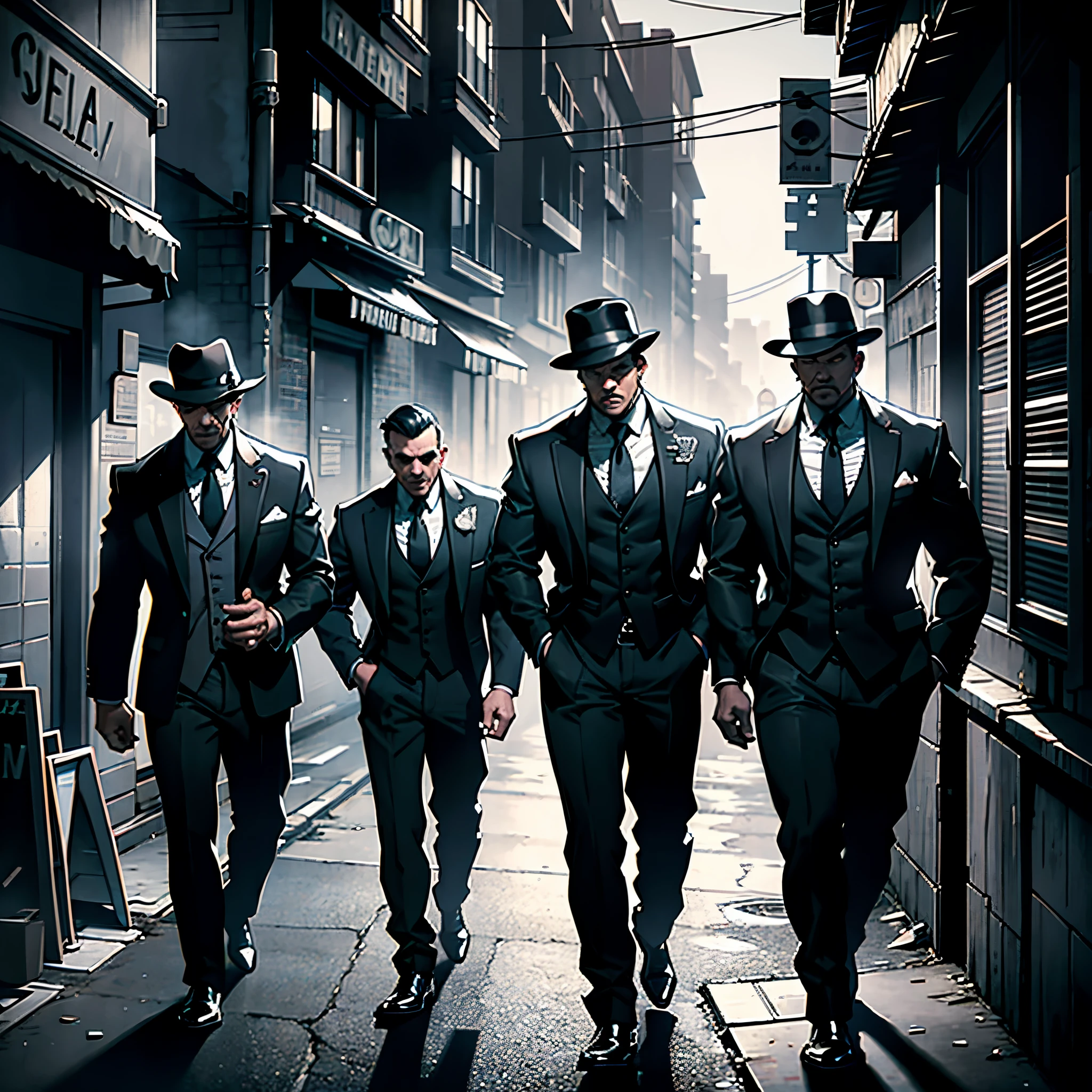 a group of gangsters posing, crime scene, dark alley, chiaroscuro lighting, cigarette smoke, cinematic atmosphere, high contrast, dramatic shadows, vintage aesthetic, gritty urban environment, sharp suits, fedoras, tommy guns, intense facial expressions, organized crime, film noir style, moody colors, rich textures, masterpiece, ultra-detailed, hyper-realistic, 8k, photorealistic