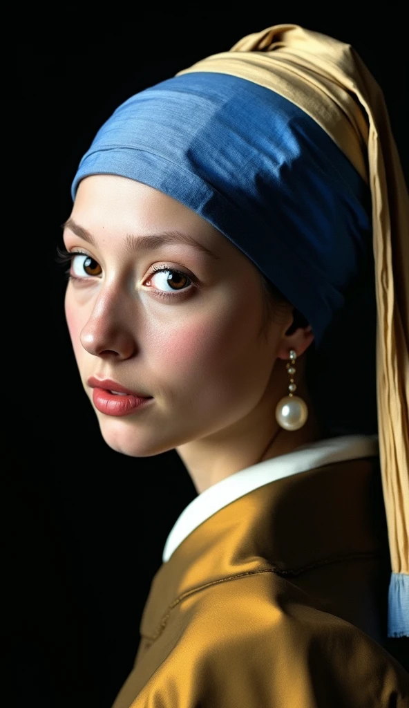 Create a detailed image of a young woman inspired by Johannes Vermeer’s iconic painting "Girl with a Pearl Earring." The scene should feature a close-up portrait of a young girl, shown from the shoulders up, against a dark, almost black background. The girl has soft, delicate features with pale skin, expressive eyes, and slightly parted lips, giving her a contemplative, almost mysterious expression. Her eyes should appear large and reflective, with a hint of light catching in them, as if she is gazing directly at the viewer.
She wears a golden brown and blue turban, with the fabric draped elegantly, giving it a rich texture and intricate folds. The blue portion of the turban should be prominent, with a deep, almost royal shade of blue. The turban is contrasted by a simple yet striking pearl earring that dangles from her left ear, reflecting light to emphasize its smooth, lustrous surface. The girl's clothing should be a simple, muted brown robe, with subtle shadows and highlights to indicate the softness and texture of the fabric.
Lighting is crucial: it should replicate the soft, diffused light typical of Vermeer’s work, creating gentle highlights on the girl’s face and turban while casting soft shadows, enhancing the three-dimensionality of her features. The overall color palette should be warm, with subdued, natural tones, except for the striking blue of the turban and the white of the pearl. The image should capture the essence of Vermeer’s meticulous attention to detail, with a focus on the interplay of light and shadow, and the serene, enigmatic expression of the girl.