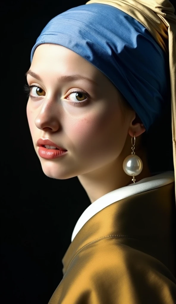 Create a detailed image of a young woman inspired by Johannes Vermeer’s iconic painting "Girl with a Pearl Earring." The scene should feature a close-up portrait of a young girl, shown from the shoulders up, against a dark, almost black background. The girl has soft, delicate features with pale skin, expressive eyes, and slightly parted lips, giving her a contemplative, almost mysterious expression. Her eyes should appear large and reflective, with a hint of light catching in them, as if she is gazing directly at the viewer.
She wears a golden brown and blue turban, with the fabric draped elegantly, giving it a rich texture and intricate folds. The blue portion of the turban should be prominent, with a deep, almost royal shade of blue. The turban is contrasted by a simple yet striking pearl earring that dangles from her left ear, reflecting light to emphasize its smooth, lustrous surface. The girl's clothing should be a simple, muted brown robe, with subtle shadows and highlights to indicate the softness and texture of the fabric.
Lighting is crucial: it should replicate the soft, diffused light typical of Vermeer’s work, creating gentle highlights on the girl’s face and turban while casting soft shadows, enhancing the three-dimensionality of her features. The overall color palette should be warm, with subdued, natural tones, except for the striking blue of the turban and the white of the pearl. The image should capture the essence of Vermeer’s meticulous attention to detail, with a focus on the interplay of light and shadow, and the serene, enigmatic expression of the girl.