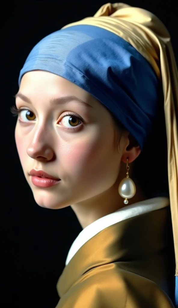 Create a detailed image of a young woman inspired by Johannes Vermeer’s iconic painting "Girl with a Pearl Earring." The scene should feature a close-up portrait of a young girl, shown from the shoulders up, against a dark, almost black background. The girl has soft, delicate features with pale skin, expressive eyes, and slightly parted lips, giving her a contemplative, almost mysterious expression. Her eyes should appear large and reflective, with a hint of light catching in them, as if she is gazing directly at the viewer.
She wears a golden brown and blue turban, with the fabric draped elegantly, giving it a rich texture and intricate folds. The blue portion of the turban should be prominent, with a deep, almost royal shade of blue. The turban is contrasted by a simple yet striking pearl earring that dangles from her left ear, reflecting light to emphasize its smooth, lustrous surface. The girl's clothing should be a simple, muted brown robe, with subtle shadows and highlights to indicate the softness and texture of the fabric.
Lighting is crucial: it should replicate the soft, diffused light typical of Vermeer’s work, creating gentle highlights on the girl’s face and turban while casting soft shadows, enhancing the three-dimensionality of her features. The overall color palette should be warm, with subdued, natural tones, except for the striking blue of the turban and the white of the pearl. The image should capture the essence of Vermeer’s meticulous attention to detail, with a focus on the interplay of light and shadow, and the serene, enigmatic expression of the girl.