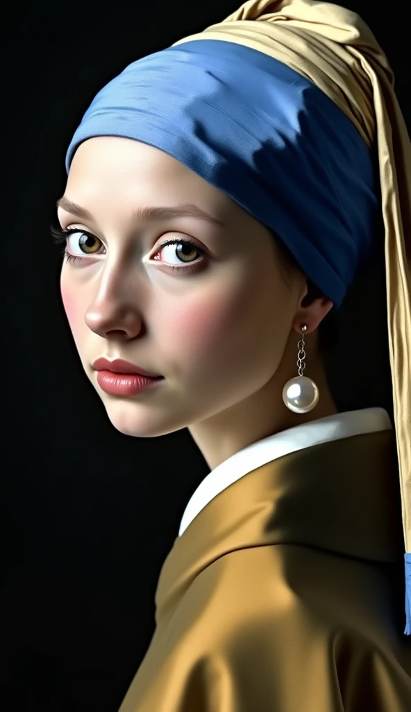 Create a detailed image of a young woman inspired by Johannes Vermeer’s iconic painting "Girl with a Pearl Earring." The scene should feature a close-up portrait of a young girl, shown from the shoulders up, against a dark, almost black background. The girl has soft, delicate features with pale skin, expressive eyes, and slightly parted lips, giving her a contemplative, almost mysterious expression. Her eyes should appear large and reflective, with a hint of light catching in them, as if she is gazing directly at the viewer. 

She wears a golden brown and blue turban, with the fabric draped elegantly, giving it a rich texture and intricate folds. The blue portion of the turban should be prominent, with a deep, almost royal shade of blue. The turban is contrasted by a simple yet striking pearl earring that dangles from her left ear, reflecting light to emphasize its smooth, lustrous surface. The girl's clothing should be a simple, muted brown robe, with subtle shadows and highlights to indicate the softness and texture of the fabric.

Lighting is crucial: it should replicate the soft, diffused light typical of Vermeer’s work, creating gentle highlights on the girl’s face and turban while casting soft shadows, enhancing the three-dimensionality of her features. The overall color palette should be warm, with subdued, natural tones, except for the striking blue of the turban and the white of the pearl. The image should capture the essence of Vermeer’s meticulous attention to detail, with a focus on the interplay of light and shadow, and the serene, enigmatic expression of the girl.