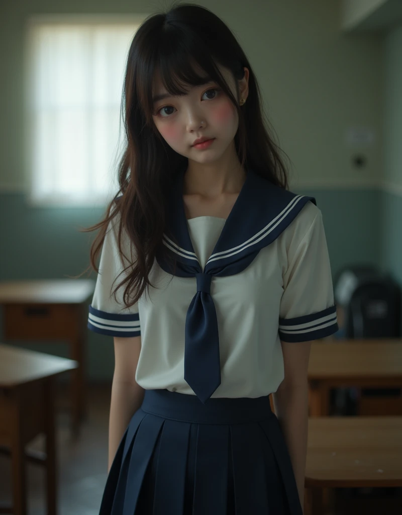 ((Beautiful Japanese girl:1.3)) ((School uniforms:1.4)) ((panty shot:1.5)) ((high school)),((dark blue skirt:1.3)) ((in the classroom:1.3)) ((delgado_fabric:1.4)) ((pose sexy al azar:1.3)) ((sweaty:1.5))((the face is blushing:1.4)) ((big breasts:1.4)) ((close up:1.2)) Best Quality,masterpiece,ultra high resolution,(photorealistic:1.4),raw photo,(Genuine leather texture:1.3),(film grain:1.3),panorama,character portrait,very wide shot,narrow waist,cowboy shot,(In the dark, deep shadow, low key, cold light,) evening,(()),tears running,,dust,Tyndall effect,(Expression),1 girl,beautiful detailed eyes and face,white jabot,Brown eyes,((Brown hair:1.2)) ((Whole body:1.3)) ((smile:1.3))