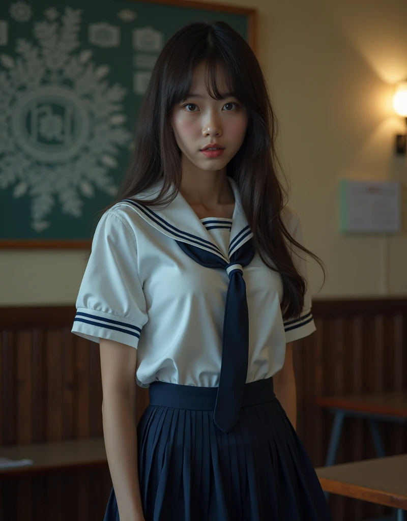 ((Beautiful Japanese girl:1.3)) ((School uniforms:1.4)) ((panty shot:1.5)) ((high school)),((dark blue skirt:1.3)) ((in the classroom:1.3)) ((delgado_fabric:1.4)) ((pose sexy al azar:1.3)) ((sweaty:1.5))((the face is blushing:1.4)) ((big breasts:1.4)) ((close up:1.2)) Best Quality,masterpiece,ultra high resolution,(photorealistic:1.4),raw photo,(Genuine leather texture:1.3),(film grain:1.3),panorama,character portrait,very wide shot,narrow waist,cowboy shot,(In the dark, deep shadow, low key, cold light,) evening,(()),tears running,,dust,Tyndall effect,(Expression),1 girl,beautiful detailed eyes and face,white jabot,Brown eyes,((Brown hair:1.2)) ((Whole body:1.3)) ((smile:1.3))
