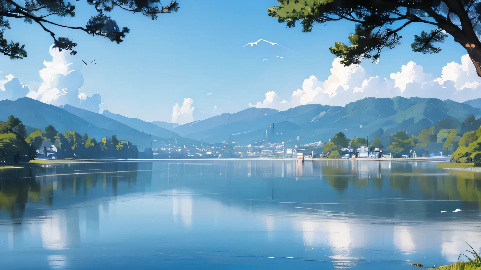 japan,nature,blue sky,lake,birds,