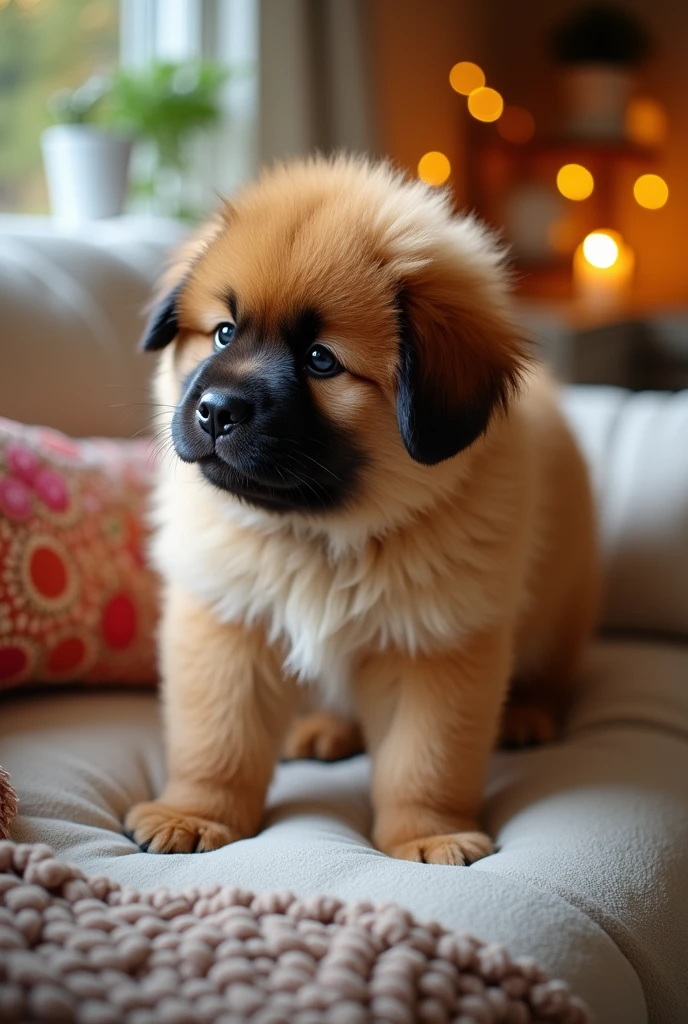 A fluffy Tibetan Mastiff puppy standing adorably on a cozy sofa. The puppy has a playful and curious expression, with its large paws slightly sinking into the cushions. The setting is a warm and comfortable living room, with soft lighting that highlights the rich fur of the puppy. The background features a few pillows and a blanket casually draped over the sofa, adding to the cozy atmosphere