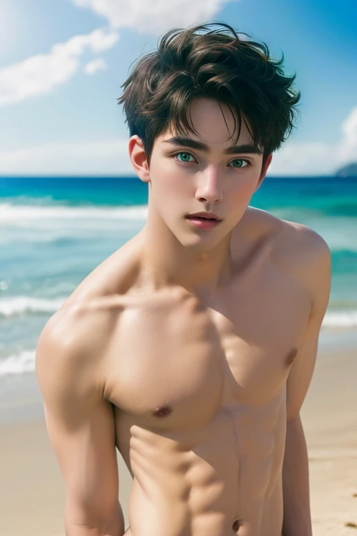 (masterpiece: 1.3), (Best Quality: 1.2), 8k, absurdities, (extremely detailed: 1.3), Highestres, (1boy: 1.2), portrait,
,((( naked))), ,perfect cock,short black hair, very short hair, green eyes, pale, baggy eyes, beach