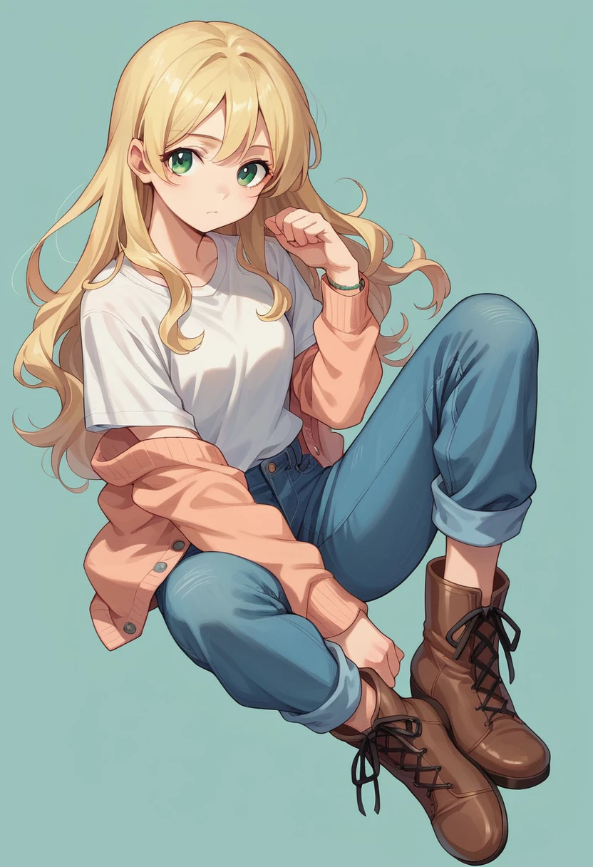 kirino kousaka, 1girl, solo, long hair, blonde hair, green eyes, japanese female, model, young woman, high-waisted blue denim pants, tucked in white t-shirt, ankle boots, light open cardigan blouse, fashionable