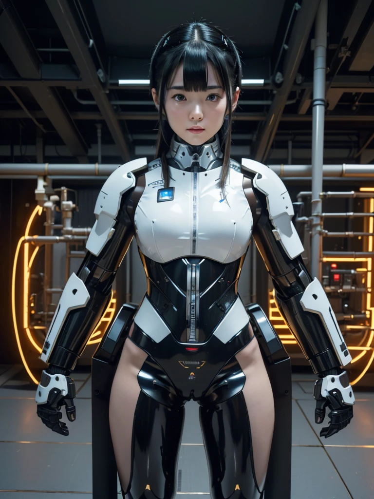 masterpiece, Highest quality, Very detailed, Japaese アンDroid girl,Portraiture,Plump,Thick,Control panel,アンDroid,Droid,Mechanical Hand, robotの腕と脚, Black Hair,Blunt bangs,perfect robot girl,Long tube,A thick cable was attached to her neck.,アンDroid,robot,humanoid,cyborg,japanese cyborg girl ,robot-assembly plant,She is now assembling,Assembly scene,Chubby,