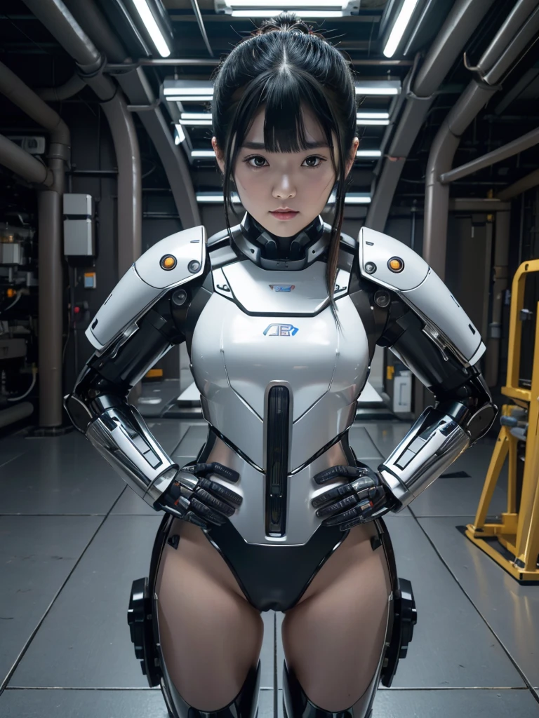 masterpiece, Highest quality, Very detailed, Japaese アンDroid girl,Portraiture,Plump,Thick,Control panel,アンDroid,Droid,Mechanical Hand, robotの腕と脚, Black Hair,Blunt bangs,perfect robot girl,Long tube,A thick cable was attached to her neck.,アンDroid,robot,humanoid,cyborg,japanese cyborg girl ,robot-assembly plant,She is now assembling,Assembly scene,Chubby,
