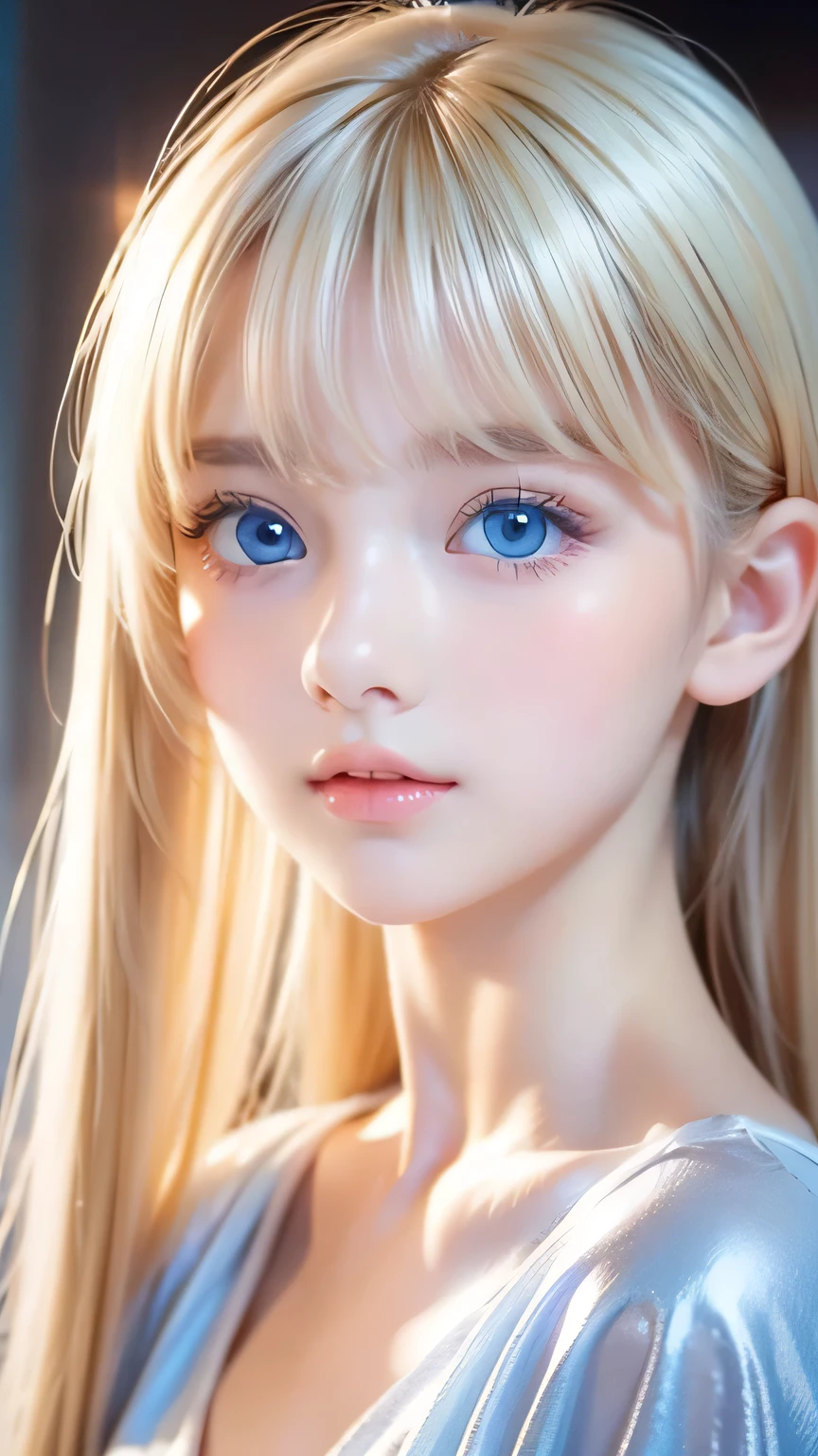 Portrait、、bright look、ponytail、bangs between eyes、bangs on the face、Young, shiny, white, glossy skin、gross face、cheek gloss highlight、best beauty、blonde reflection、Platinum blonde hair with dazzling highlights、shiny bright hair,、super long silky straight hair、Shining beautiful bangs、Attractive, beautifully shining, very bright, light blue eyes、very big eyes、Very beautiful nice cute beautiful girl、rich bust、small face beauty、