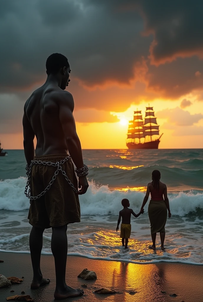 African man in slave chains, his wife and  stand at the bank of the sea crying as the slave ship sail