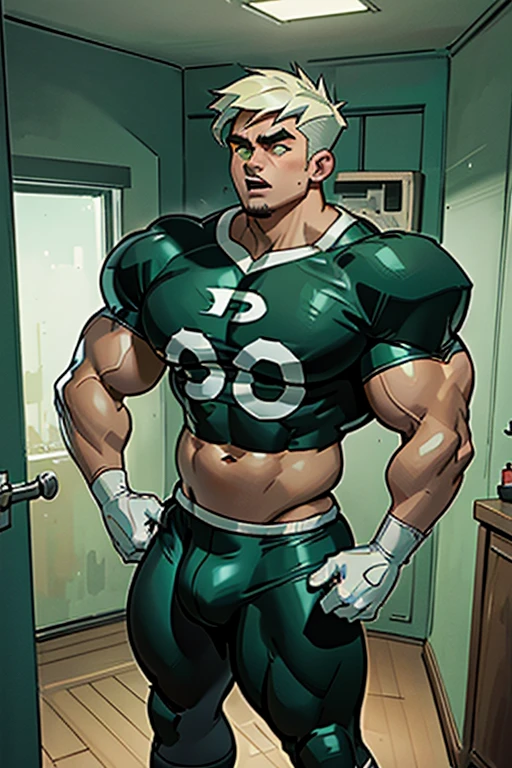 Danny Phantom, ghost, hypnosis, jock, conversion, locker room hallway, hyper muscles, jockstrap, bro, meathead, hypnotized, brainwashed, brainwashing, big dumb jock, football. Danny Fenton is hypnotized by Dash to assimilate and become another dumb cocky smirking fitness-obsessed bodybuilder football jock bro. Glowing green eyes. Hyper crotch bulge. Massive bulging crotch. Big balls. Big biceps. Big triceps. Big traps. Broad shoulders. Big meaty pecs. Big thighs. Thick glutes. Football team assimilation. Black hair. Deep dull voice. glazed expression. dumber and dumber. Open mouth. Clothes turning into a football uniform. Forgetting. Number 16 on his football uniform. IQ drain. Mindless. Brainless. Brute. Brutification. "I feel like I ... I ... I'm a ... I'm a .... Yes, ... just a meathead jock.... just muscle ... and meat.... Bro.... I am a meathead.... I am a bro.... I am a jock.... I am a meathead.... I am a bro.... I am a jock.... Anything you say, Dash.... Obey ... the QB.... I am a jock. I am a meathead.... I obey ... my QB."