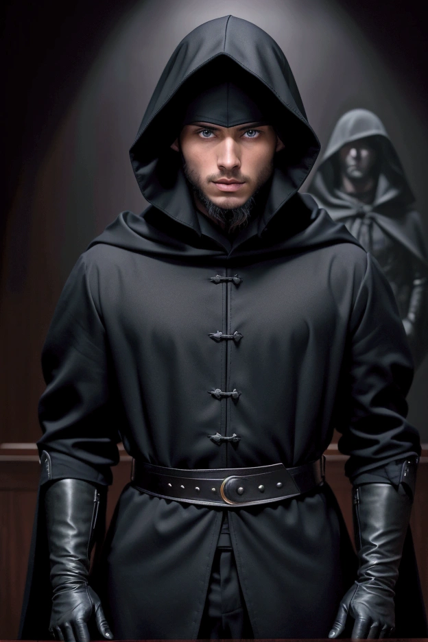 a young handsome european man black hair short beard blue eyes wearing a black noble cloth with hood cover his head with black gloves with a in the council meeting room at night with picture of a king on the wall, cinematic