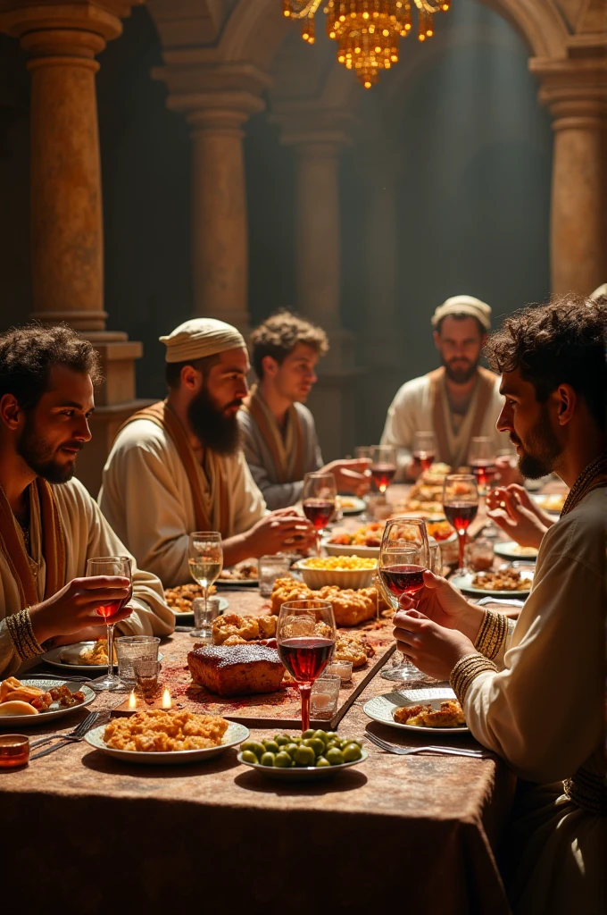a group of young people in the Babylonian era of Nebuchadnezzar at a table eating a great banquet of meat and wine and all kinds of delicious dishes dressed in Hebrew clothing