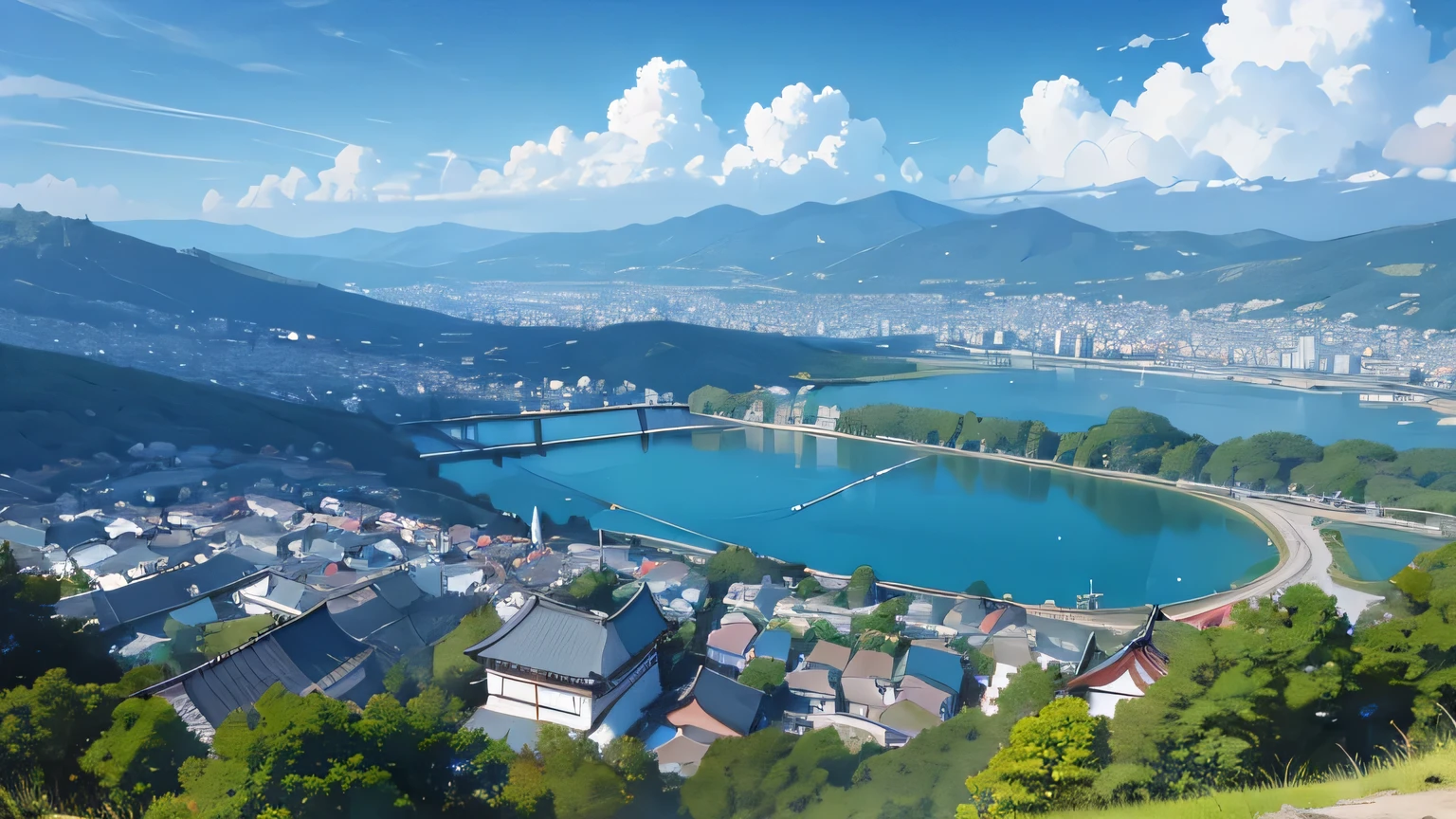 japan,nature,blue sky,lake,street,town