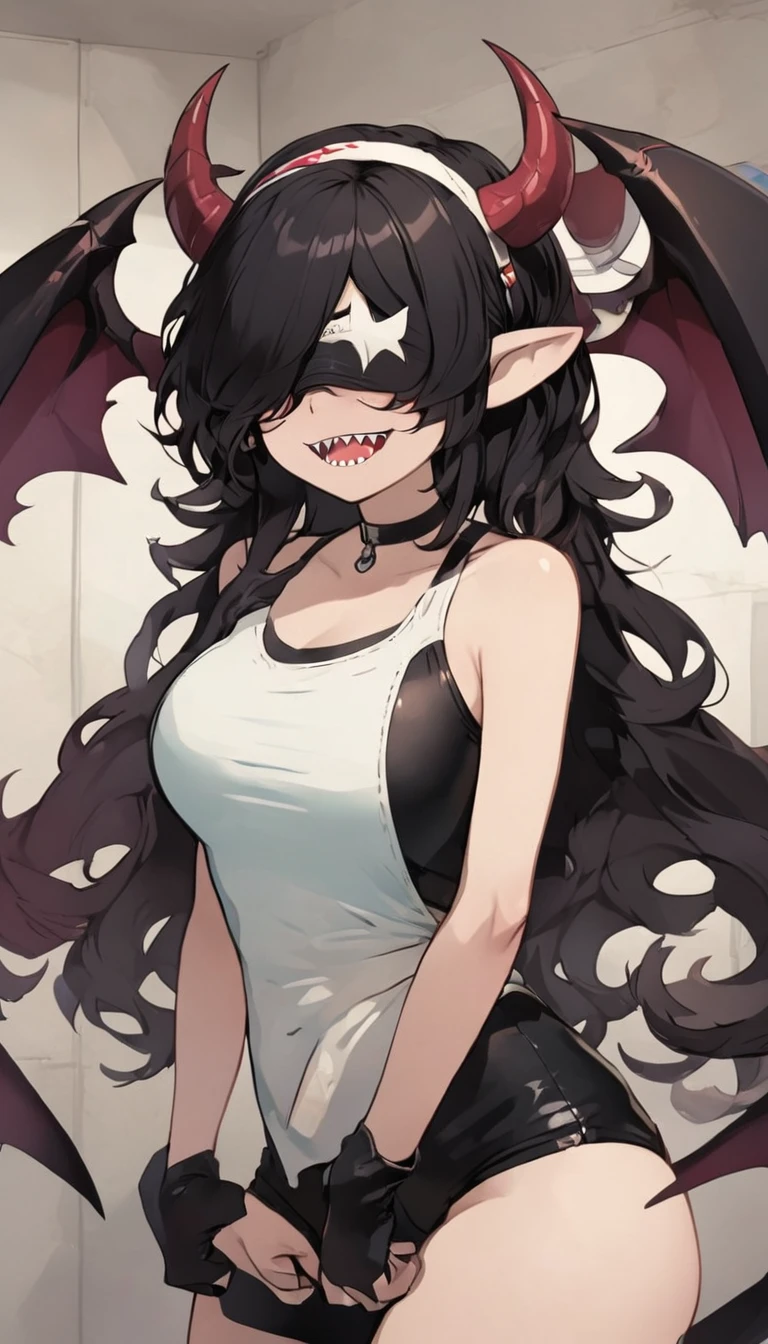 Rosto detalhado, grandes olhos, sharp teeth, hair over eyes, hairband, demon horns, demon wings, long hair, pointy ears, elf, black hair