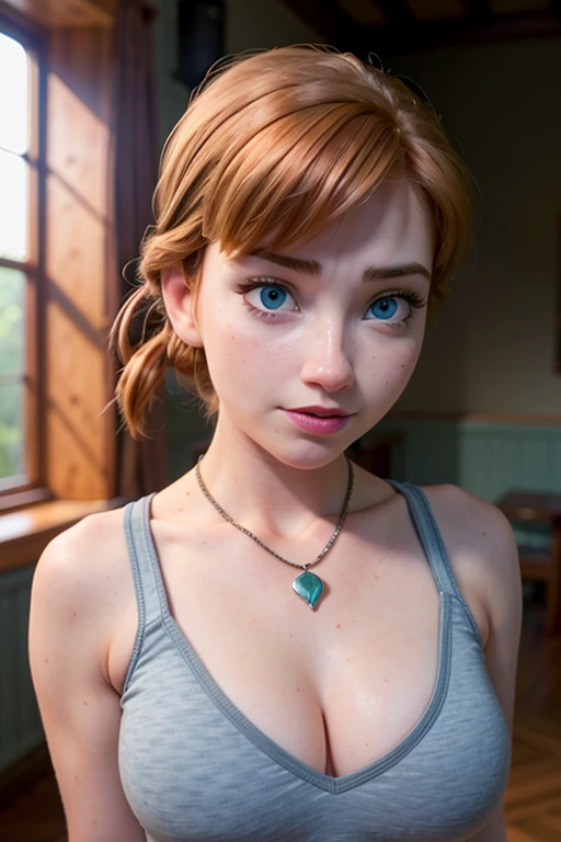 Anna, russet hair, blue colored eyes, blush, ahegao, face, neckleace, medium breasts, White tank top, bared shoulders, facing the front, upper part, looking at the spectator, best qualityer